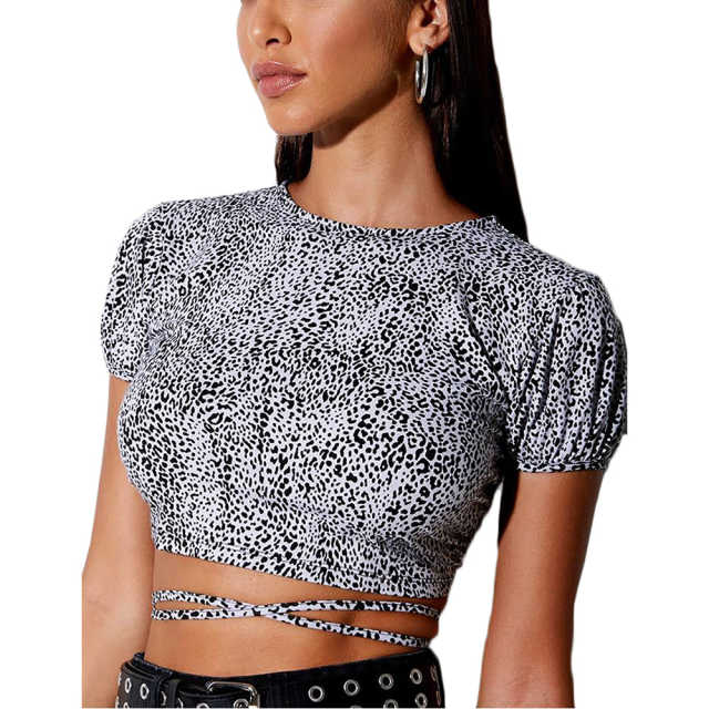 Gray Leopard Print Short Sleeve Crop Top TQK210696-11