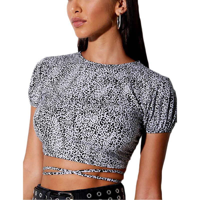 Gray Leopard Print Short Sleeve Crop Top TQK210696-11