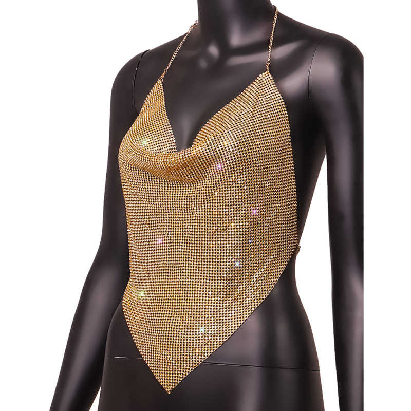 Gold Sequined Metal Chains Halter Camisoles TQK250237-12A