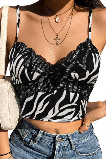 Black Zebra Print Sexy V Neck Spaghetti Strap Tank Top LC256345-2