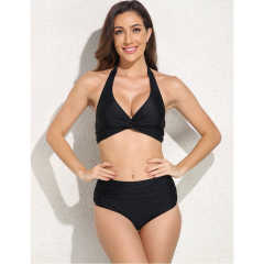 Black Solid Front Twist Halter Bikini Swimsuit TQK610321-2