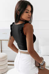Black Ruffle Strap Ribbed Sleeveless Crop Top LC2565025-2