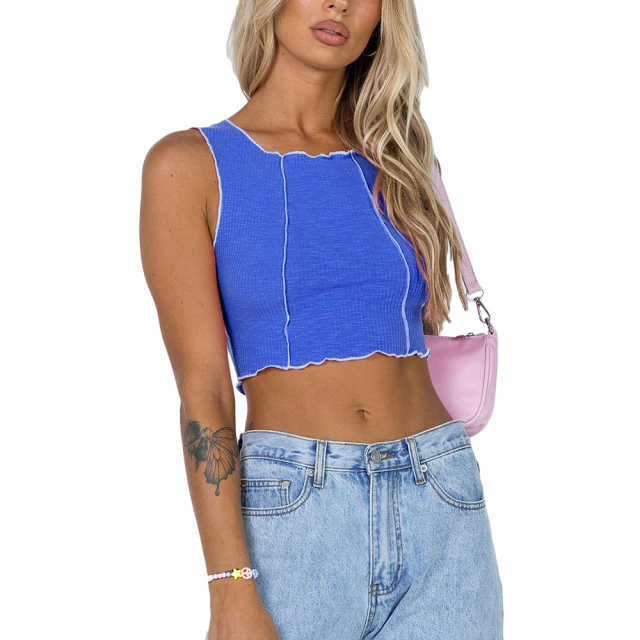 Blue Cotton Blend Sleeveless Crop Tank TQK250135-5