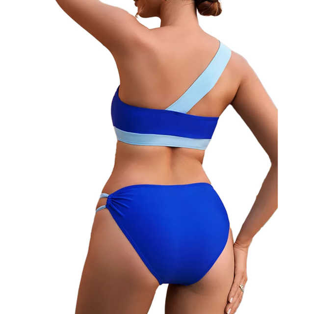 Blue Metal Buckle Patchwork One Shoulder Bikini TQX610011-5