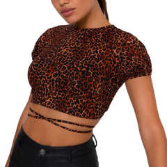 Brown Leopard Print Short Sleeve Crop Top TQK210696-17