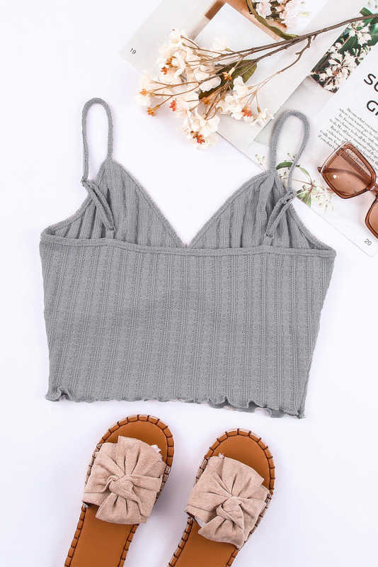 Gray Rib Knit Button Front Ruffle Hem Camisole LC2566453-11