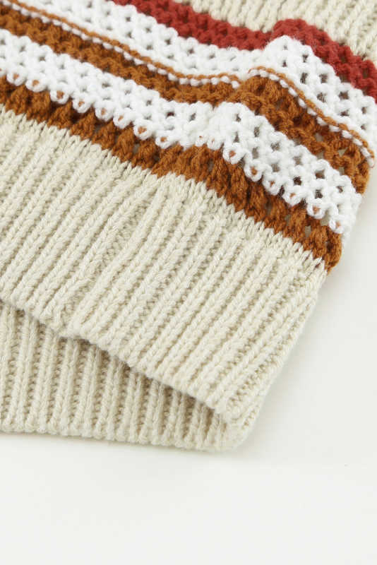 Beige Striped Knitted V Neck Tank Top LC2565061-15