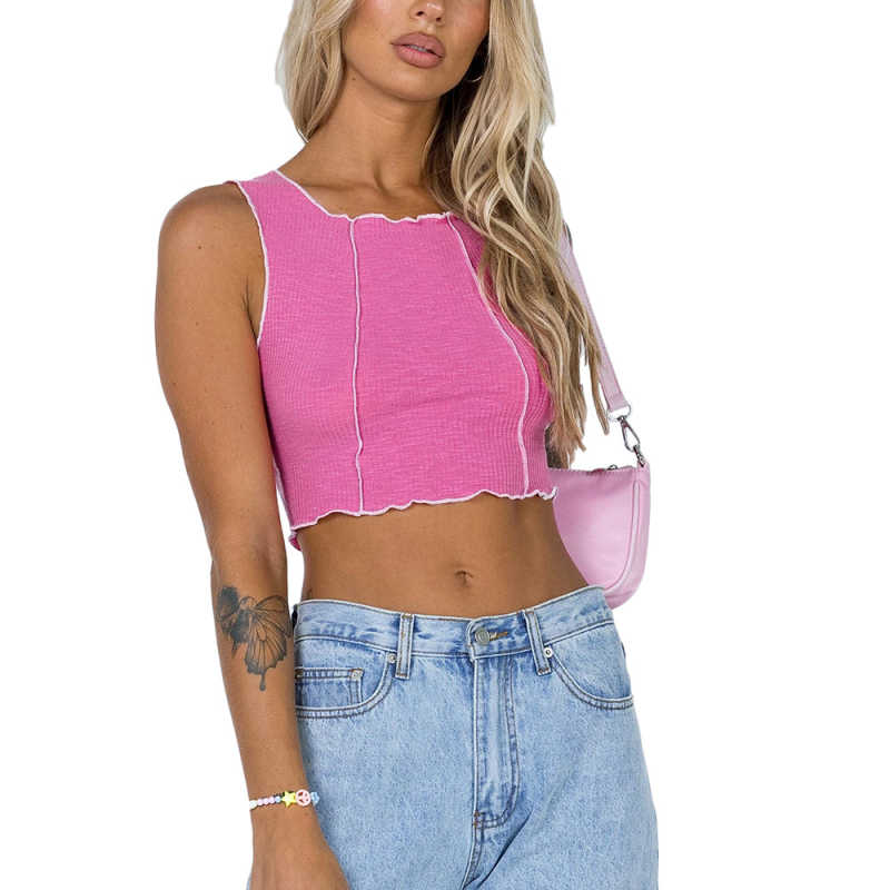 Pink Cotton Blend Sleeveless Crop Tank TQK250135-10