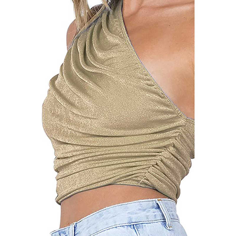 Khaki Pleated One Shoulder Crop Vest TQK250167-21