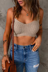 Khaki Ribbed Knit Spaghetti Strap Sleeveless Crop Top LC2565803-16