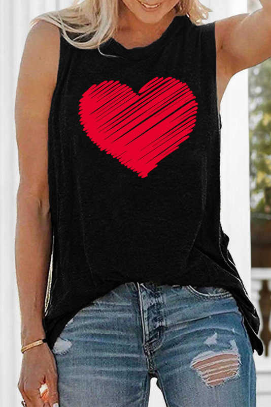 Black Valentine Heart Print Loose Crew Neck Tank Top LC2565322-2