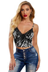 Black Zebra Print Sexy V Neck Spaghetti Strap Tank Top LC256345-2