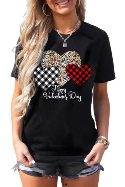 Black Happy Valentine's Day Hearts Print Short Sleeve T Shirt LC25219286-2