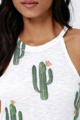 White Crew Neck Cactus Print Tank Top LC2561176-1