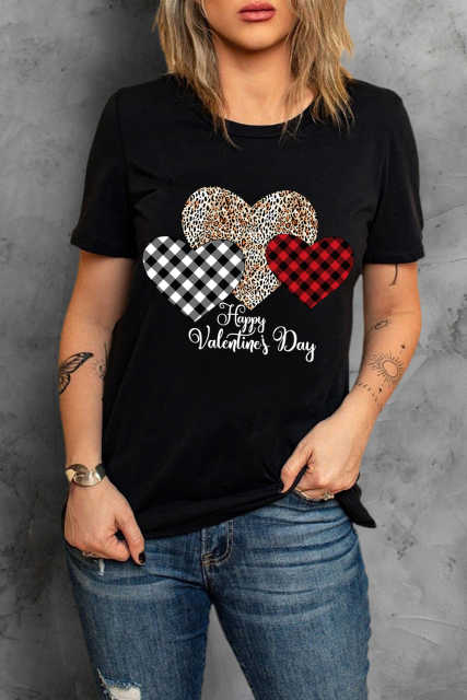 Black Happy Valentine's Day Hearts Print Short Sleeve T Shirt LC25219286-2