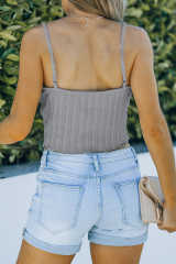 Gray Rib Knit Button Front Ruffle Hem Camisole LC2566453-11