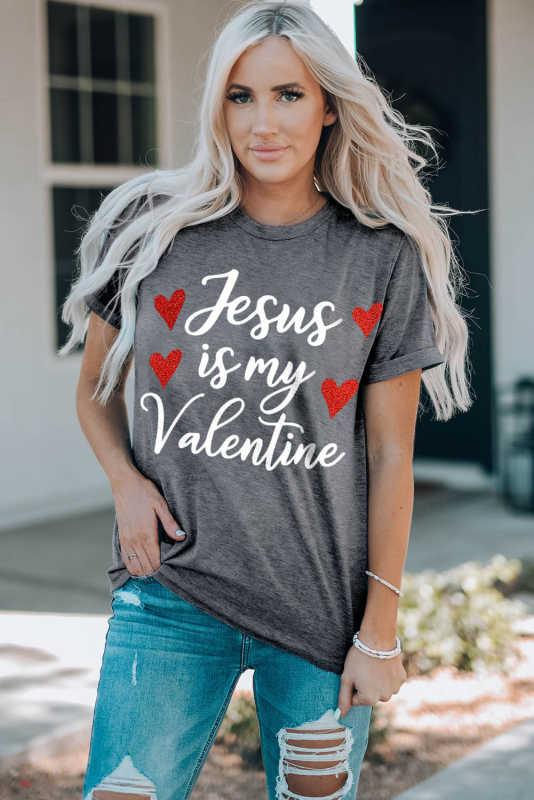 Gray Jesus Is My Valentine Heart Glitter Print Graphic T Shirt LC25219241-11