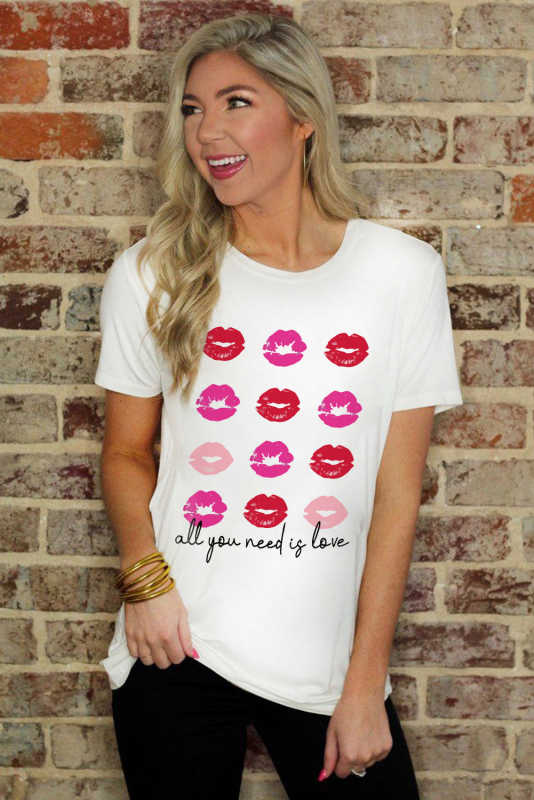 White all you need is love Valentines Kisses Graphic Tee LC25219470-1