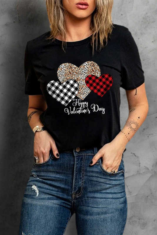 Black Happy Valentine's Day Hearts Print Short Sleeve T Shirt LC25219286-2