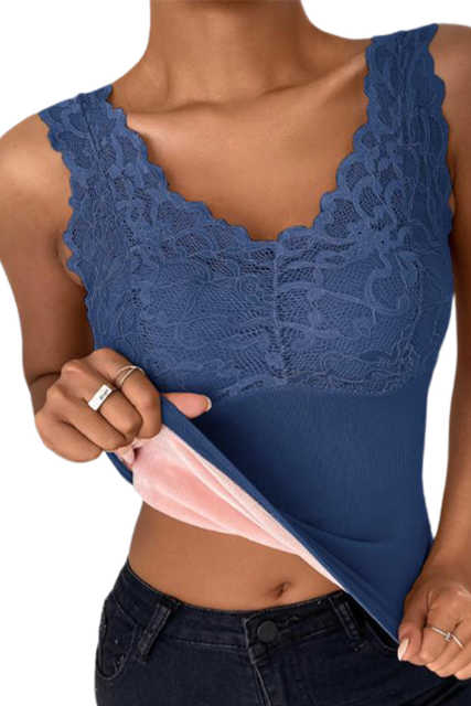 Blue Scalloped Lace Trim Padded Thermal Vest LC2565143-5