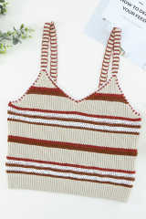 Beige Striped Knitted V Neck Tank Top LC2565061-15