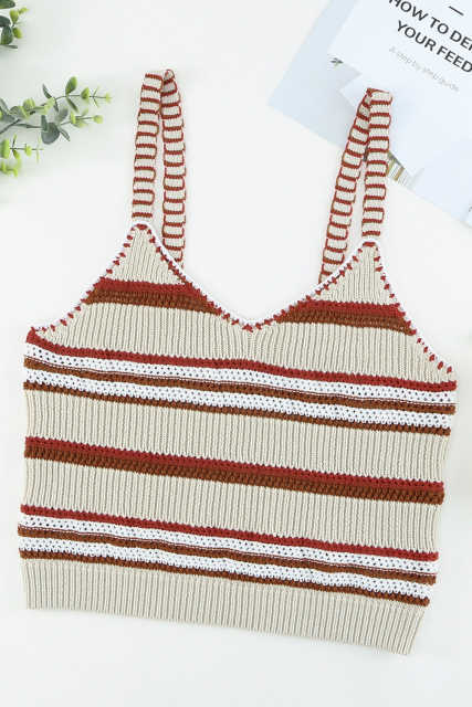 Beige Striped Knitted V Neck Tank Top LC2565061-15