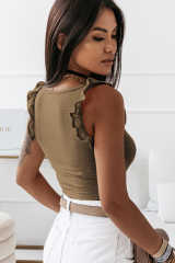 Brown Ruffle Strap Ribbed Sleeveless Crop Top LC2565025-17