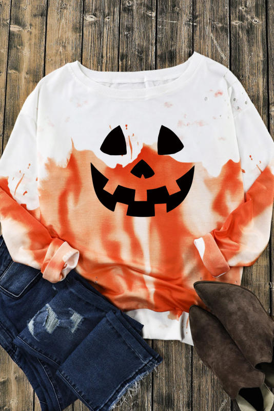Orange Tie Dye Halloween Spooky Face Graphic Sweatshirt