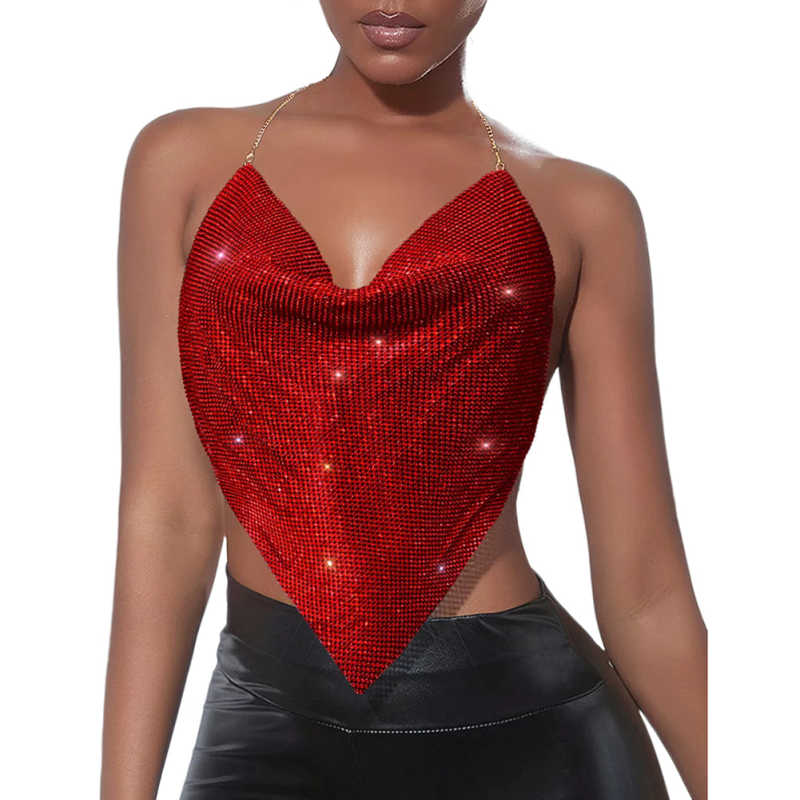 Red Sequined Metal Chains Halter Camisoles TQK250237-3