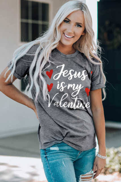 Gray Jesus Is My Valentine Heart Glitter Print Graphic T Shirt LC25219241-11