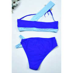 Blue Metal Buckle Patchwork One Shoulder Bikini TQX610011-5