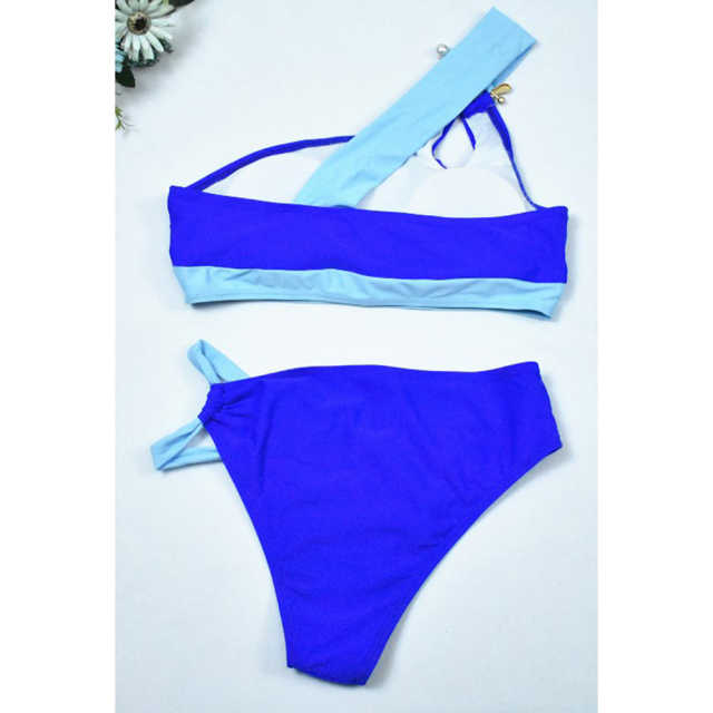 Blue Metal Buckle Patchwork One Shoulder Bikini TQX610011-5