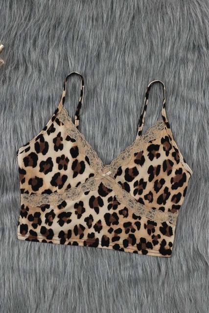 Brown Printed Sexy V Neck Spaghetti Strap Tank Top LC256345-17