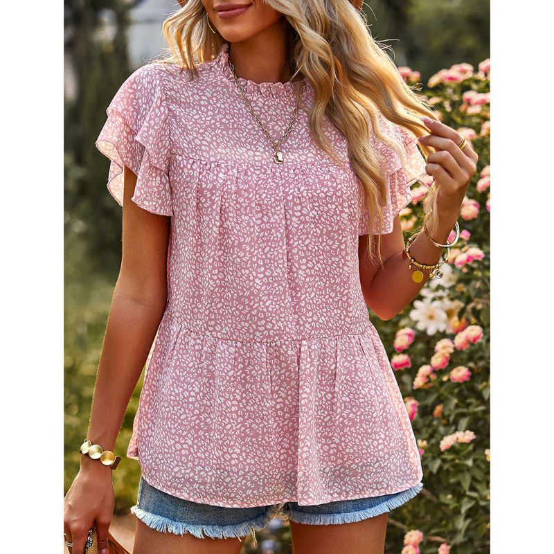 Pink Floral Print Ruffle Sleeves Chiffon Tunic Tops TQX210199-10
