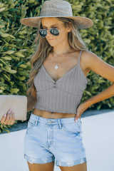 Gray Rib Knit Button Front Ruffle Hem Camisole LC2566453-11