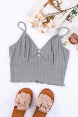Gray Rib Knit Button Front Ruffle Hem Camisole LC2566453-11