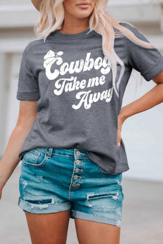 Gray Cowboy Take Me Away Letter Print Crew Neck T Shirt  LC25218403-11