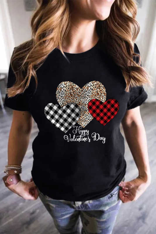 Black Happy Valentine's Day Hearts Print Short Sleeve T Shirt LC25219286-2