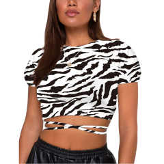 Black White Zebra Print Short Sleeve Crop Top TQK210696-37