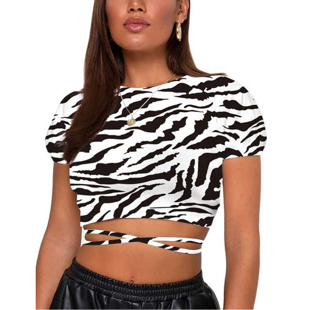Black White Zebra Print Short Sleeve Crop Top TQK210696-37