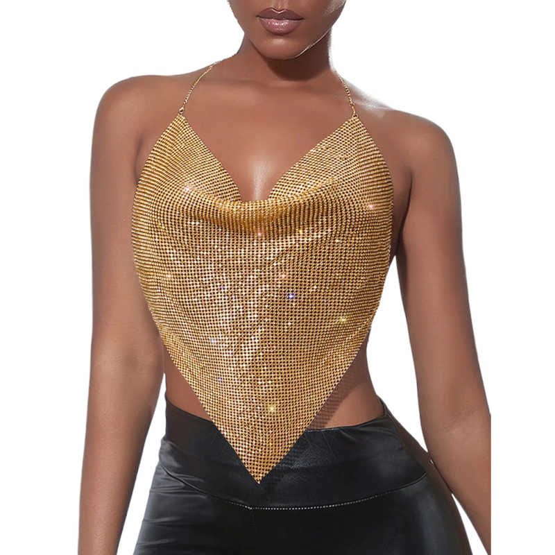 Gold Sequined Metal Chains Halter Camisoles TQK250237-12A