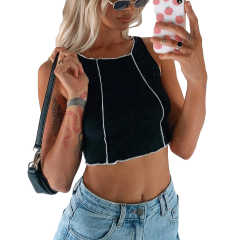 Black Cotton Blend Sleeveless Crop Tank TQK250135-2