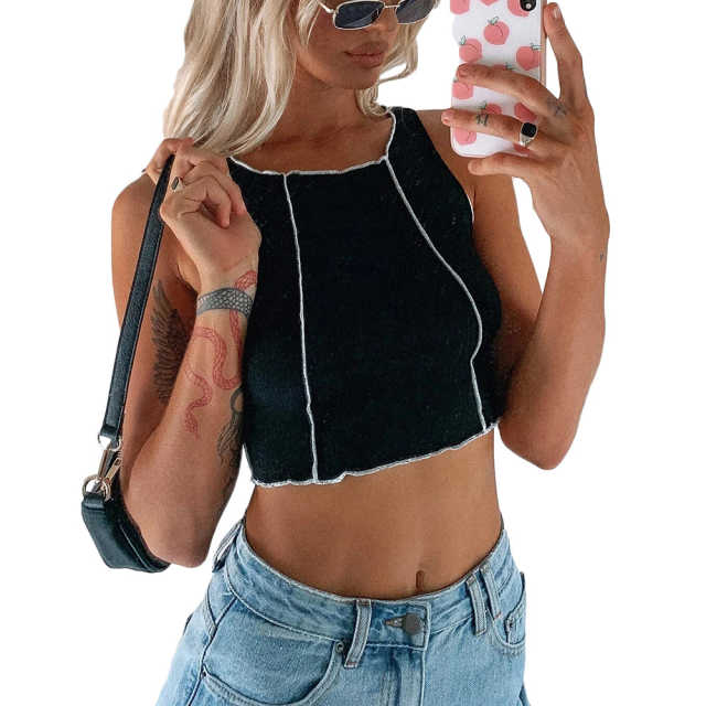 Black Cotton Blend Sleeveless Crop Tank TQK250135-2