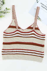 Beige Striped Knitted V Neck Tank Top LC2565061-15