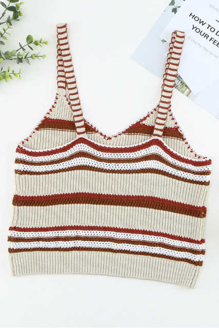 Beige Striped Knitted V Neck Tank Top LC2565061-15