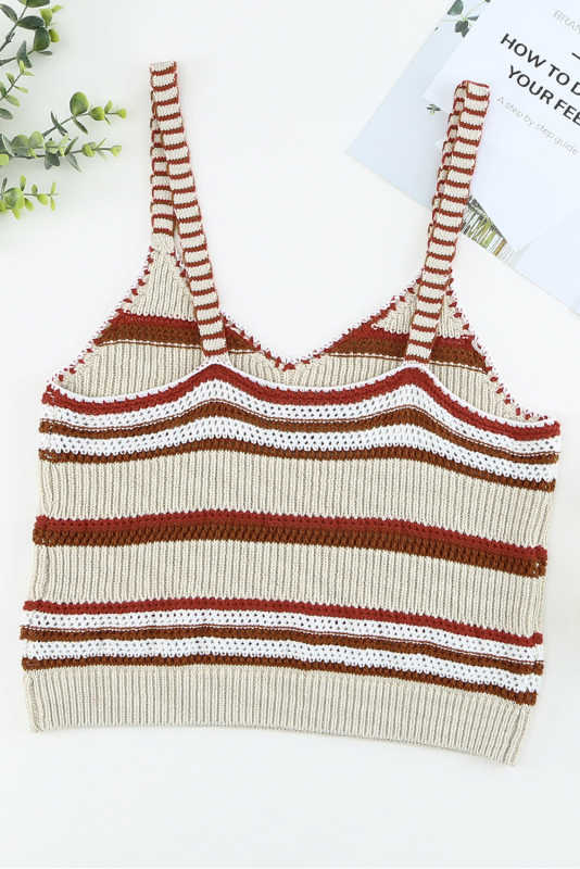 Beige Striped Knitted V Neck Tank Top LC2565061-15