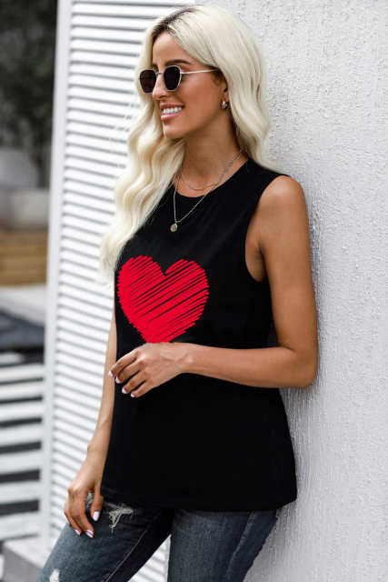 Black Valentine Heart Print Loose Crew Neck Tank Top LC2565322-2