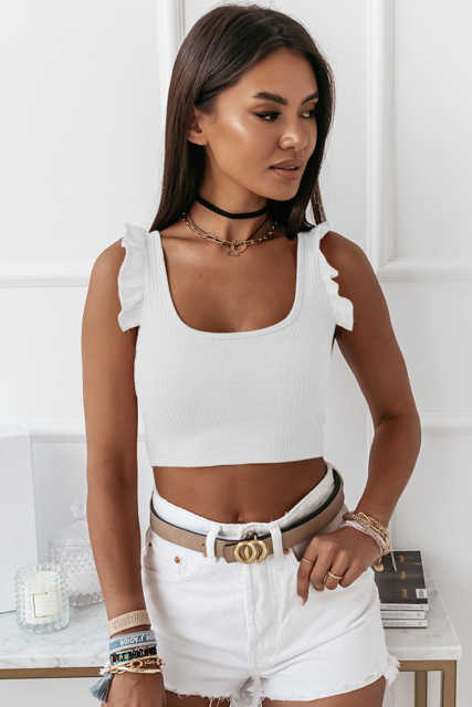 White Ruffle Strap Ribbed Sleeveless Crop Top LC2565025-1