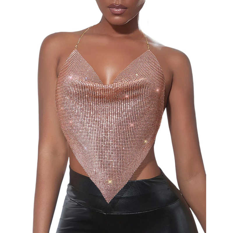 Champagne Sequined Metal Chains Halter Camisoles TQK250237-53