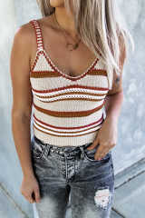 Beige Striped Knitted V Neck Tank Top LC2565061-15